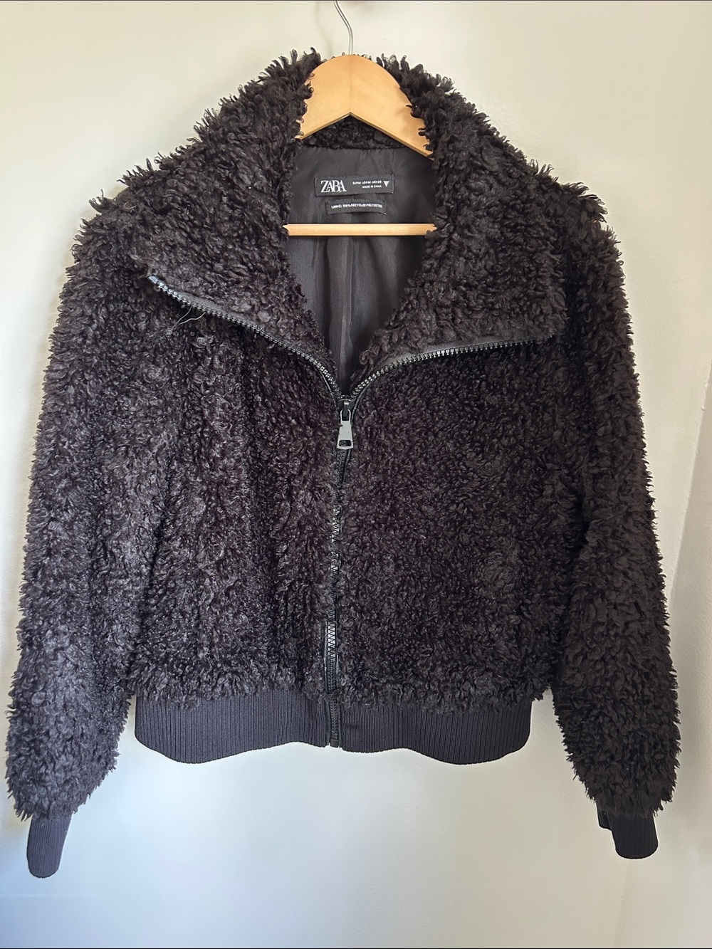 Zara Charcoal Faux Shearling Teddy Bomber Jacket, Full Zip Ribbed Trim